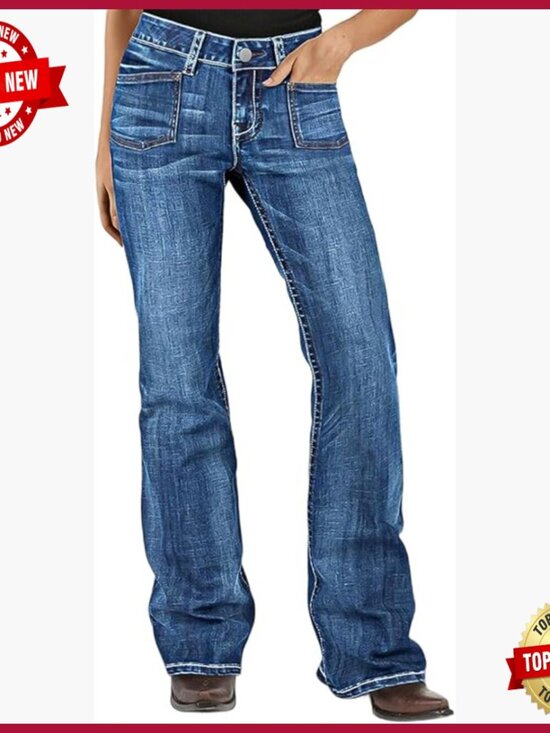 Denim - Mid Rise Bootcut Jeans Stretchy Denim Pants with Patch Pockets